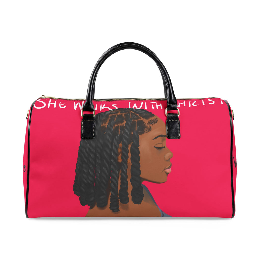 She Walks with Christ  Faux Leather Travel Bag